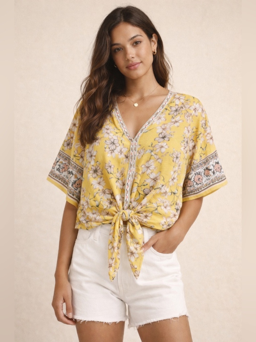 Chelsea & Violet Floral Tie Front Top Yellow Boho Size M